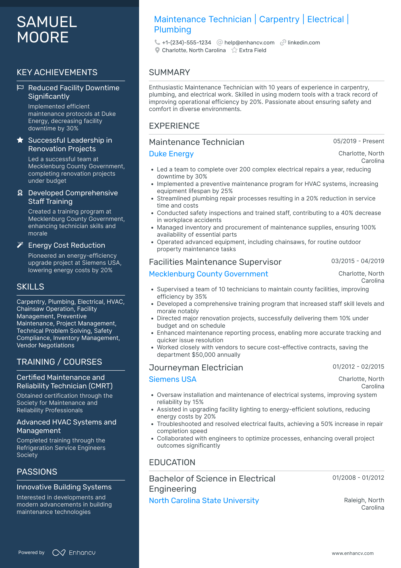 Electrical Maintenance Technician Resume Example