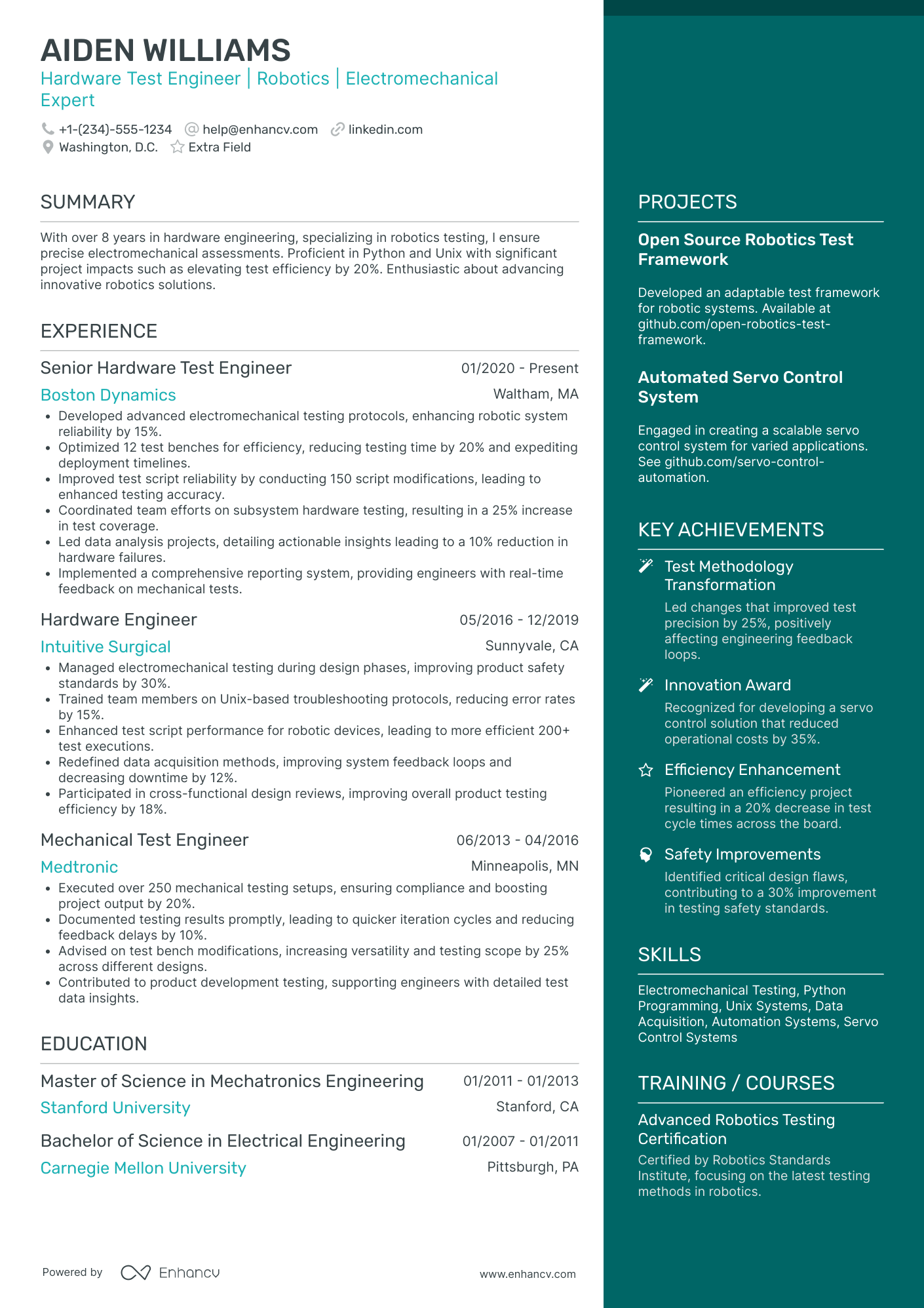 Robotics Test Engineer Resume Example