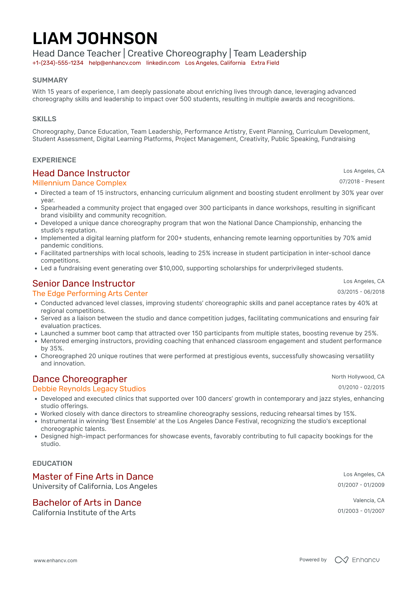 Head Dance Teacher Resume Example