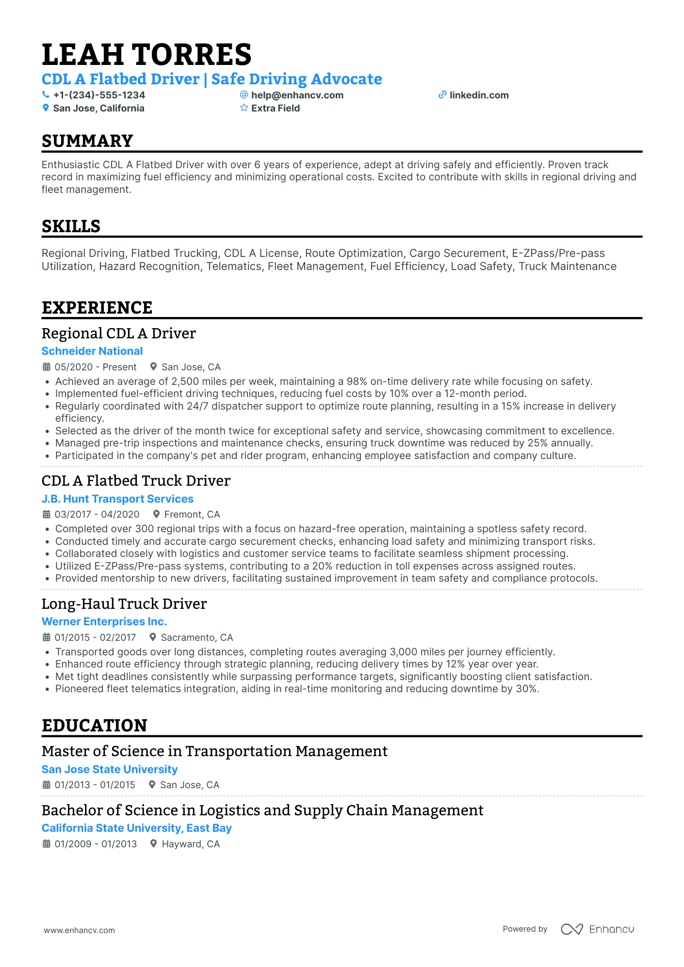 Flatbed Truck Driver Resume Example