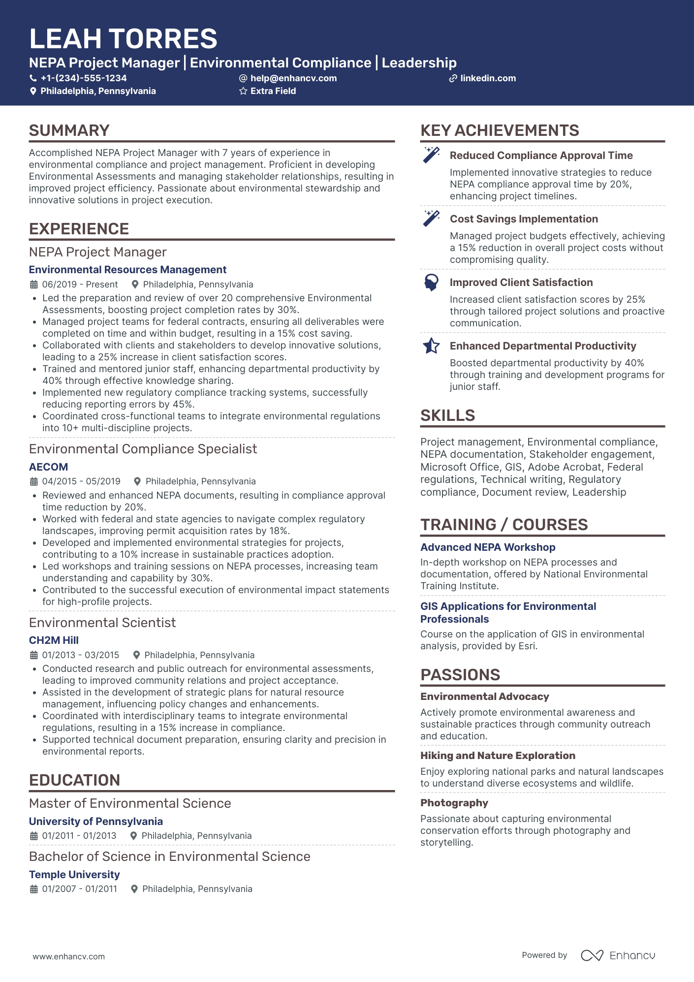 Freelance Environmental Project Manager Resume Example