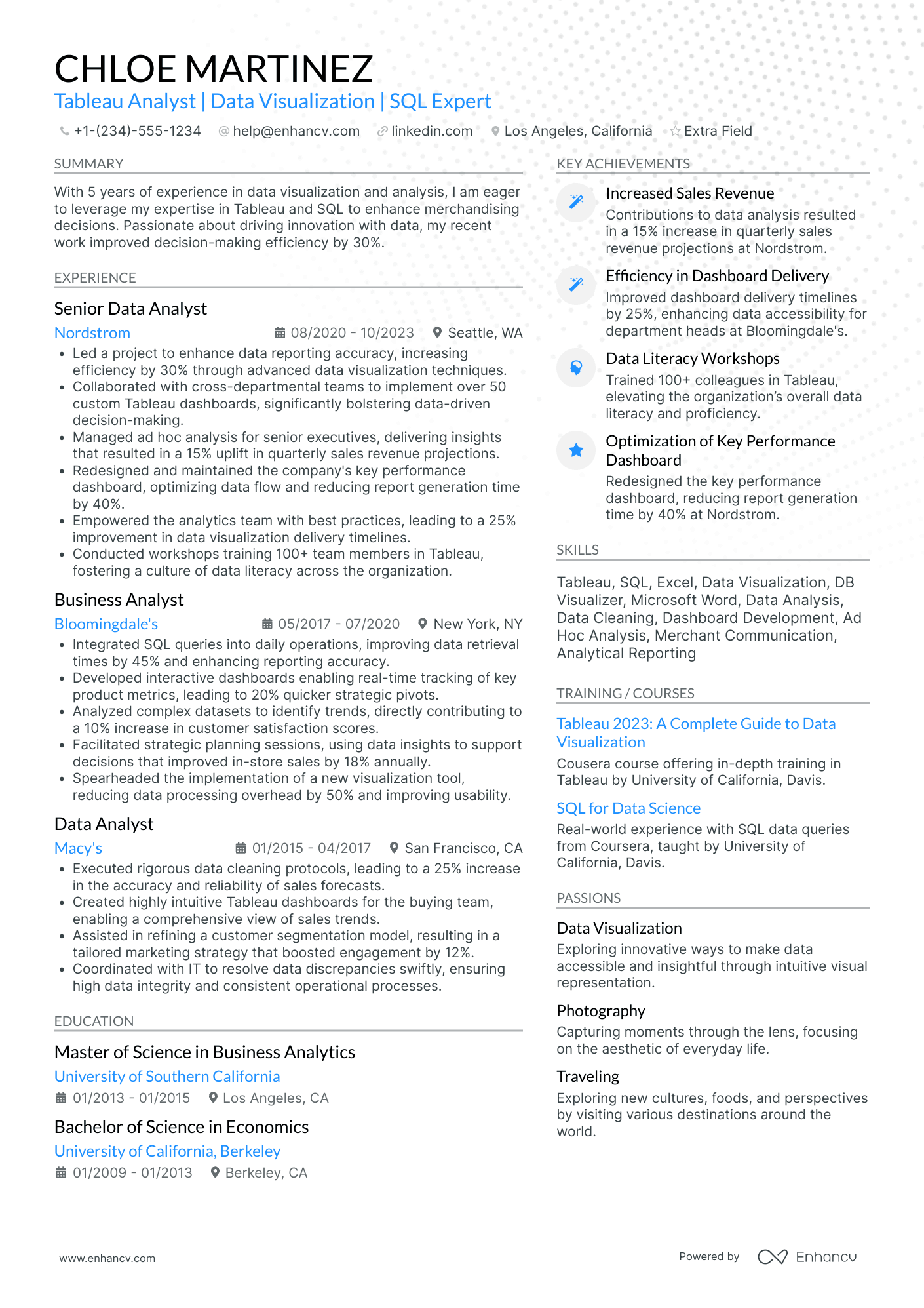 Lead Tableau Business Analyst Resume Example