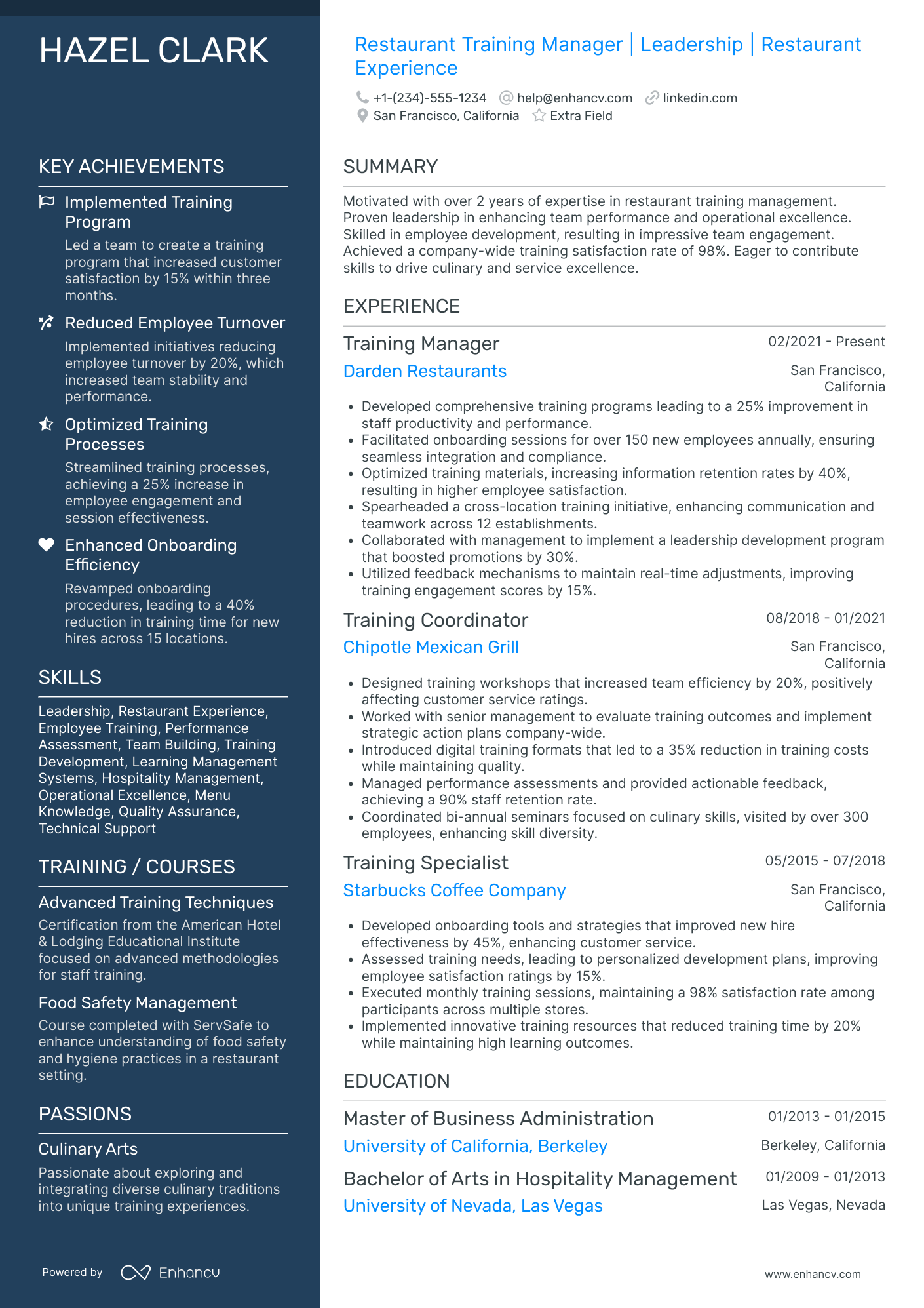 Restaurant Training Manager Resume Example