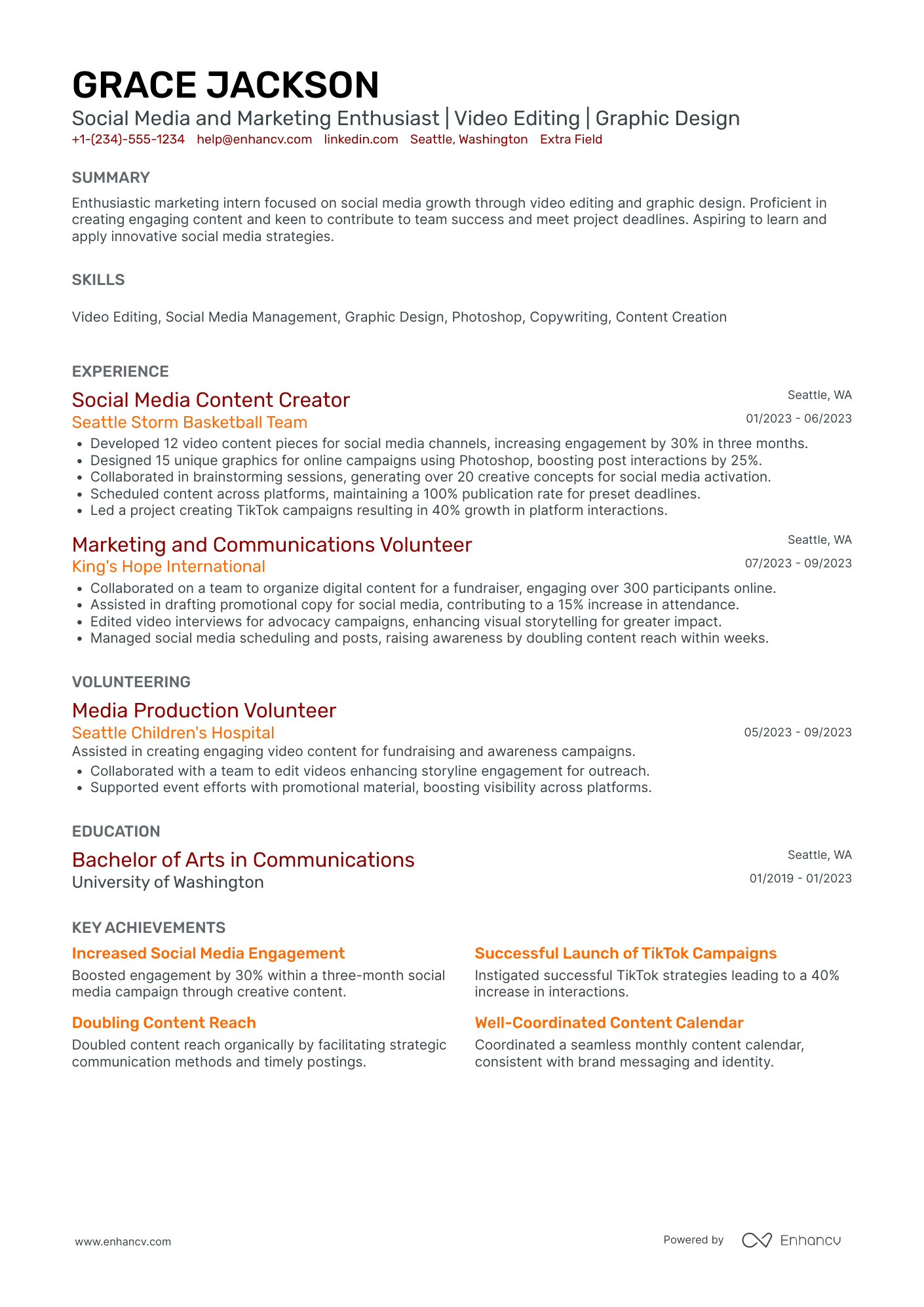 Social Media Marketing Intern Resume Example