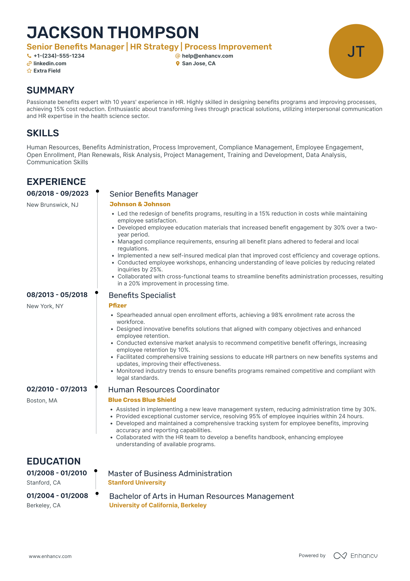 Senior Benefits Manager Resume Example