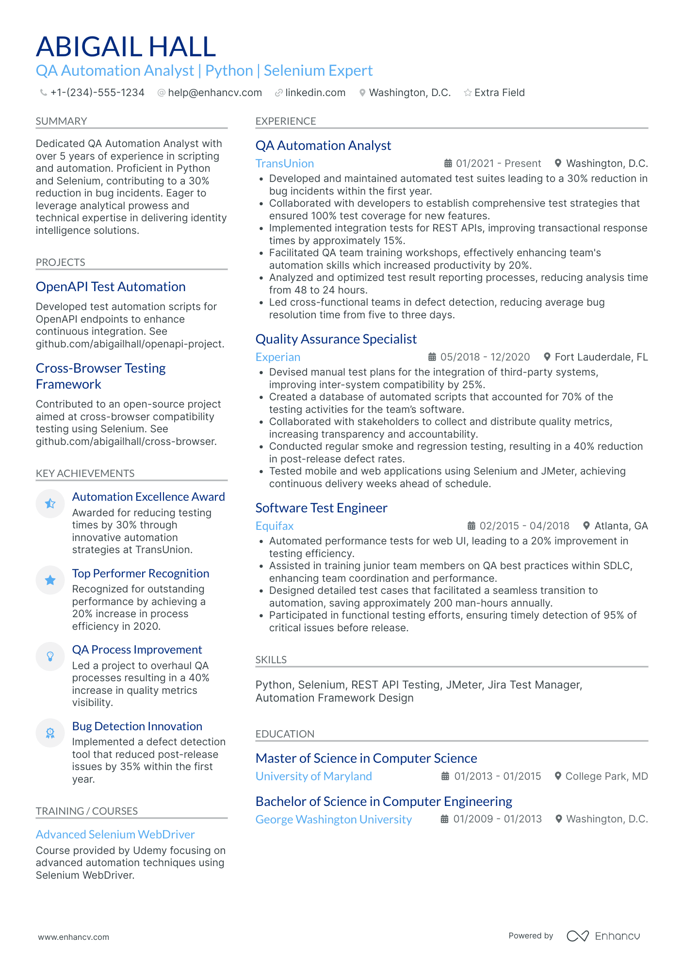 QA Automation Analyst Resume Example