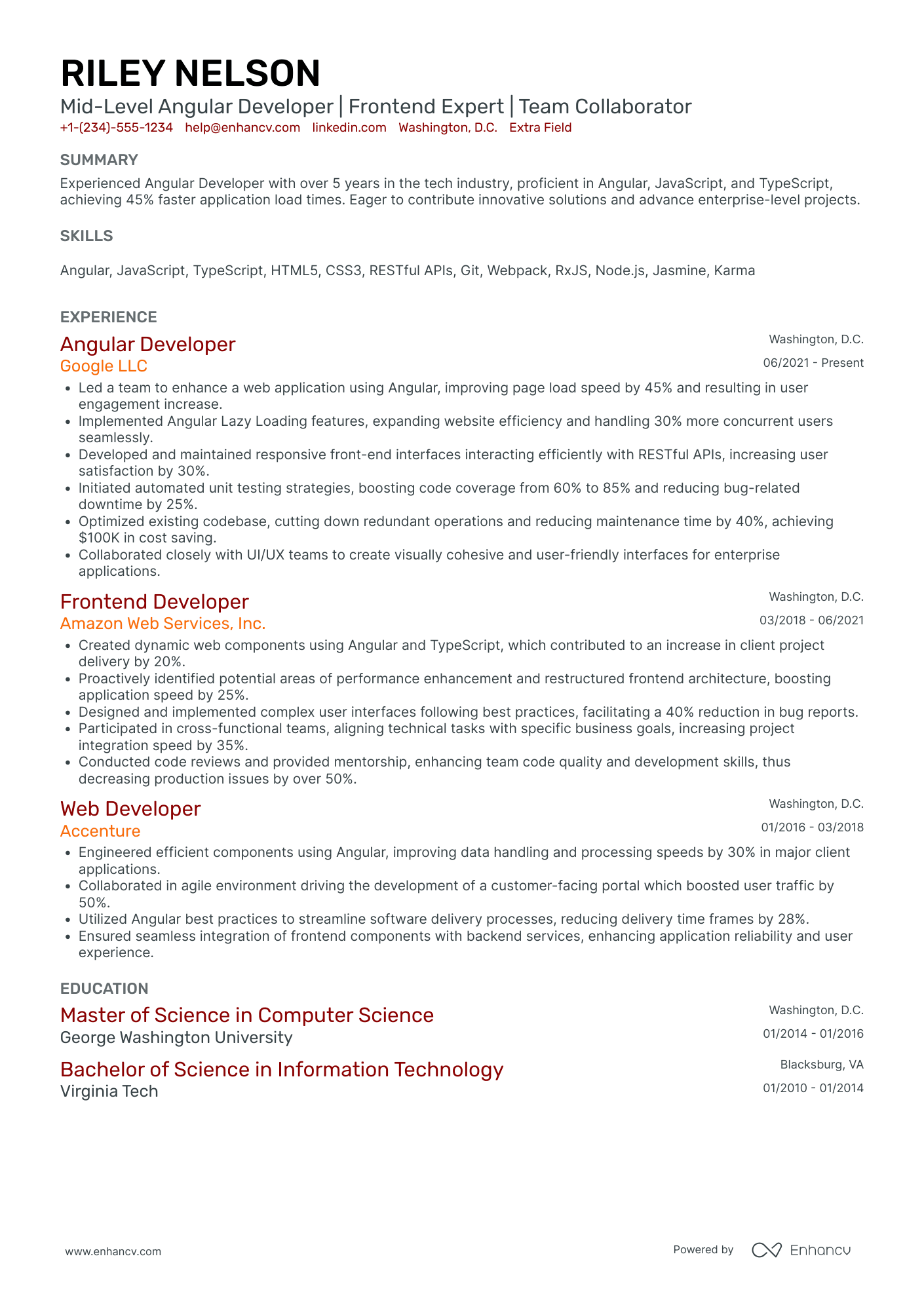 Mid Level Angular Developer Resume Example