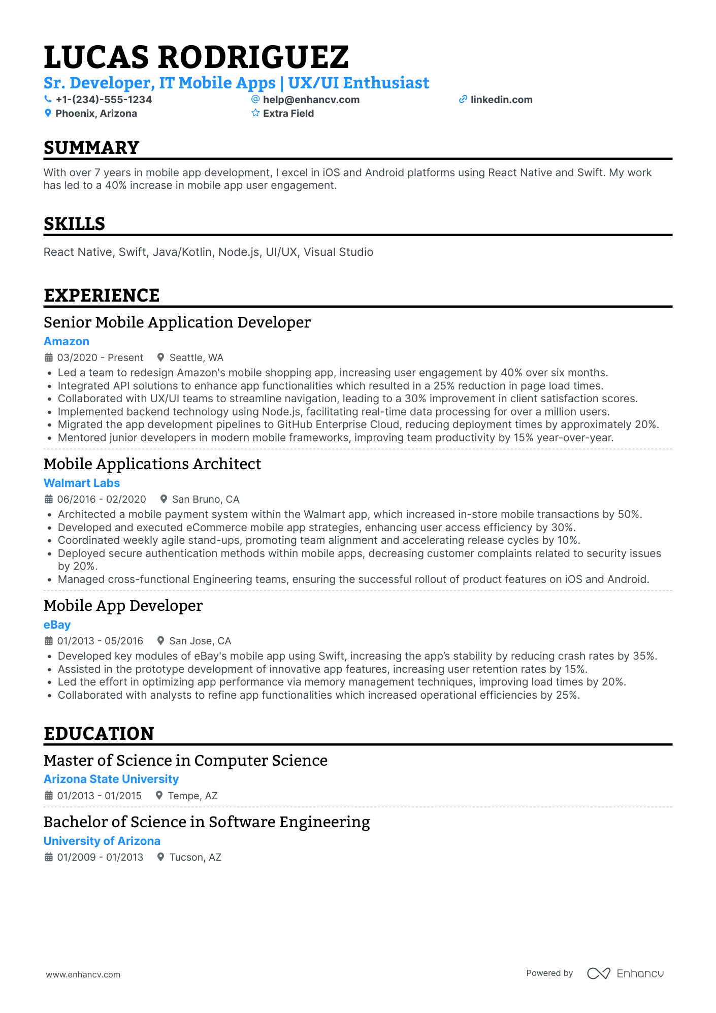 Front End Mobile App Developer Resume Example