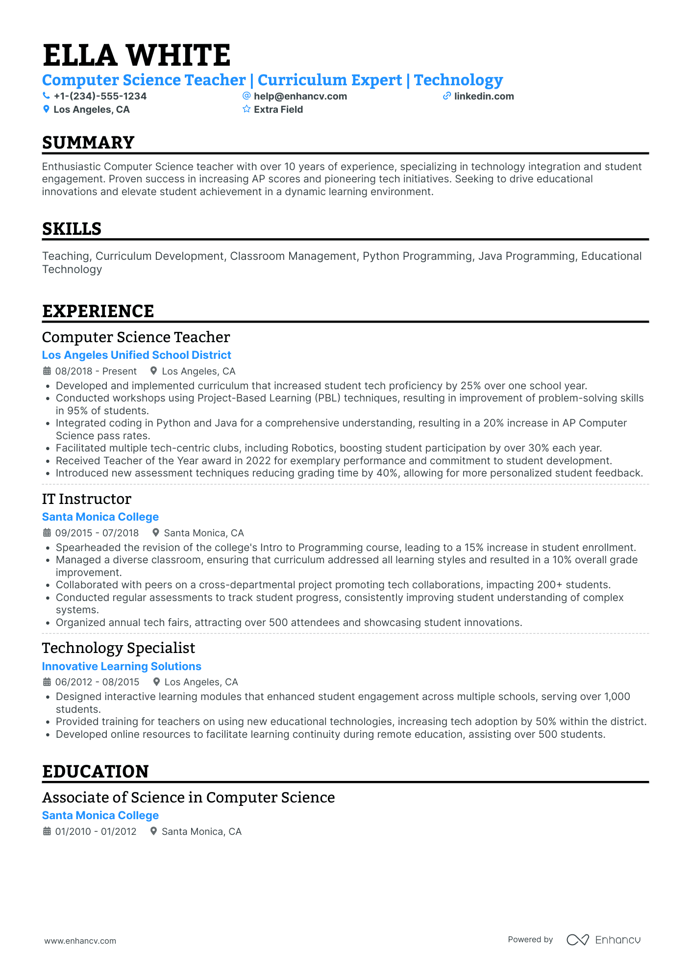 High School Technology Teacher Resume Example