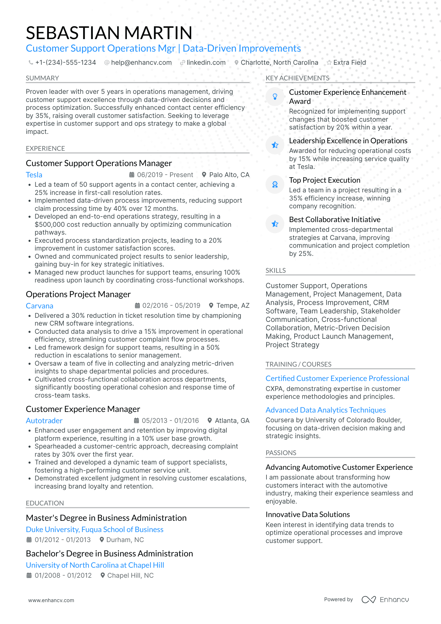 Customer Service Operations Manager Resume Example