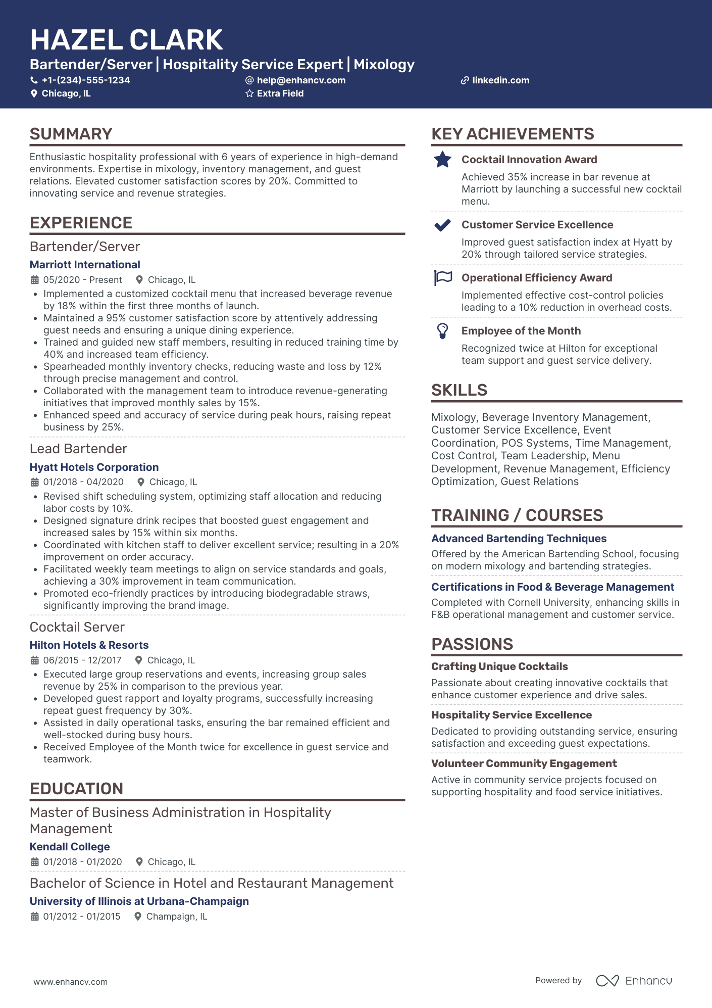 Bartender/Server Resume Example