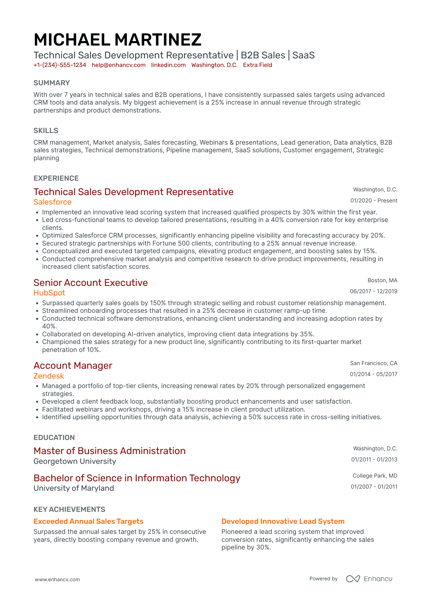 Technical Sales Development Representative Resume Example