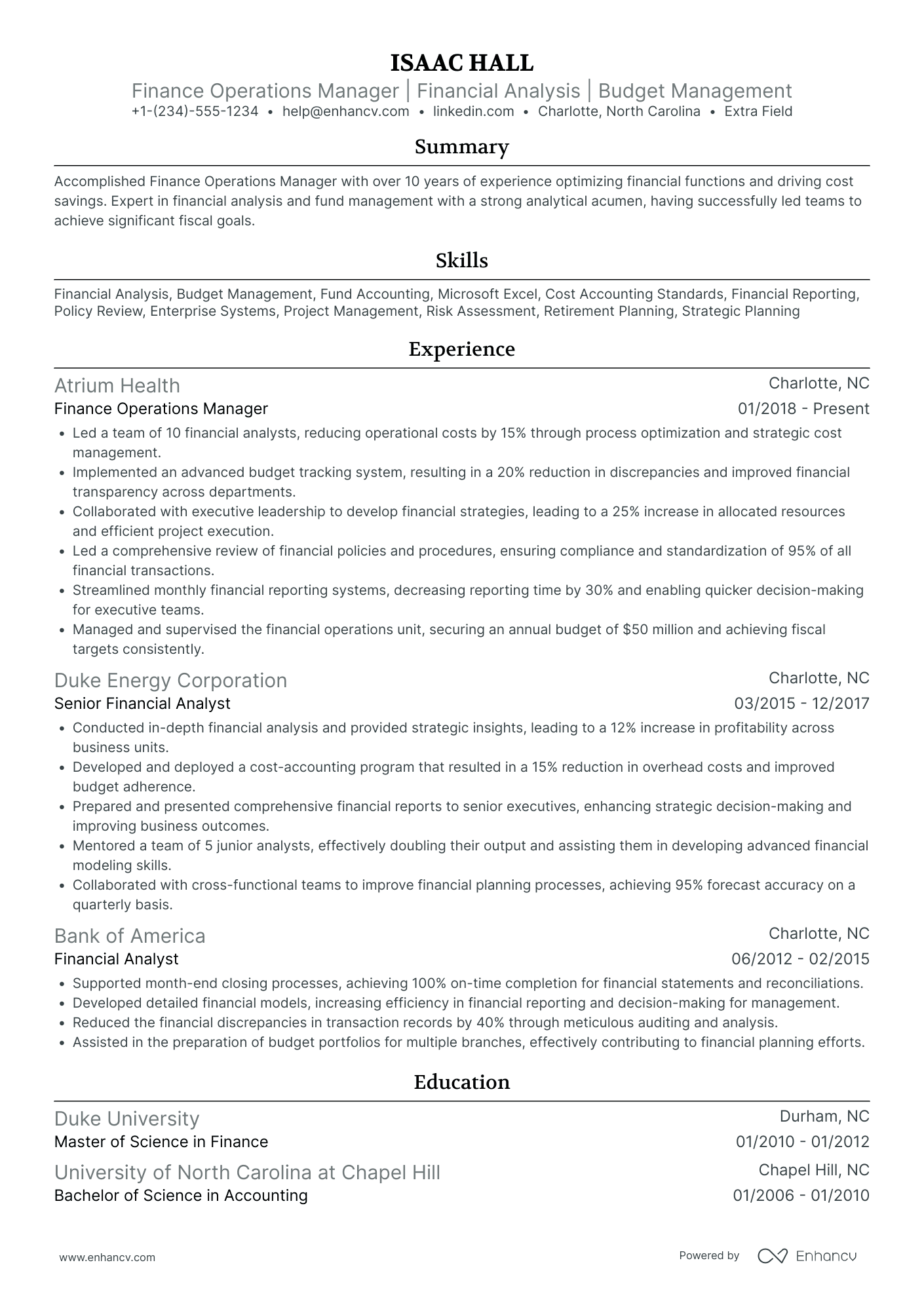 Finance Operations Manager Resume Example