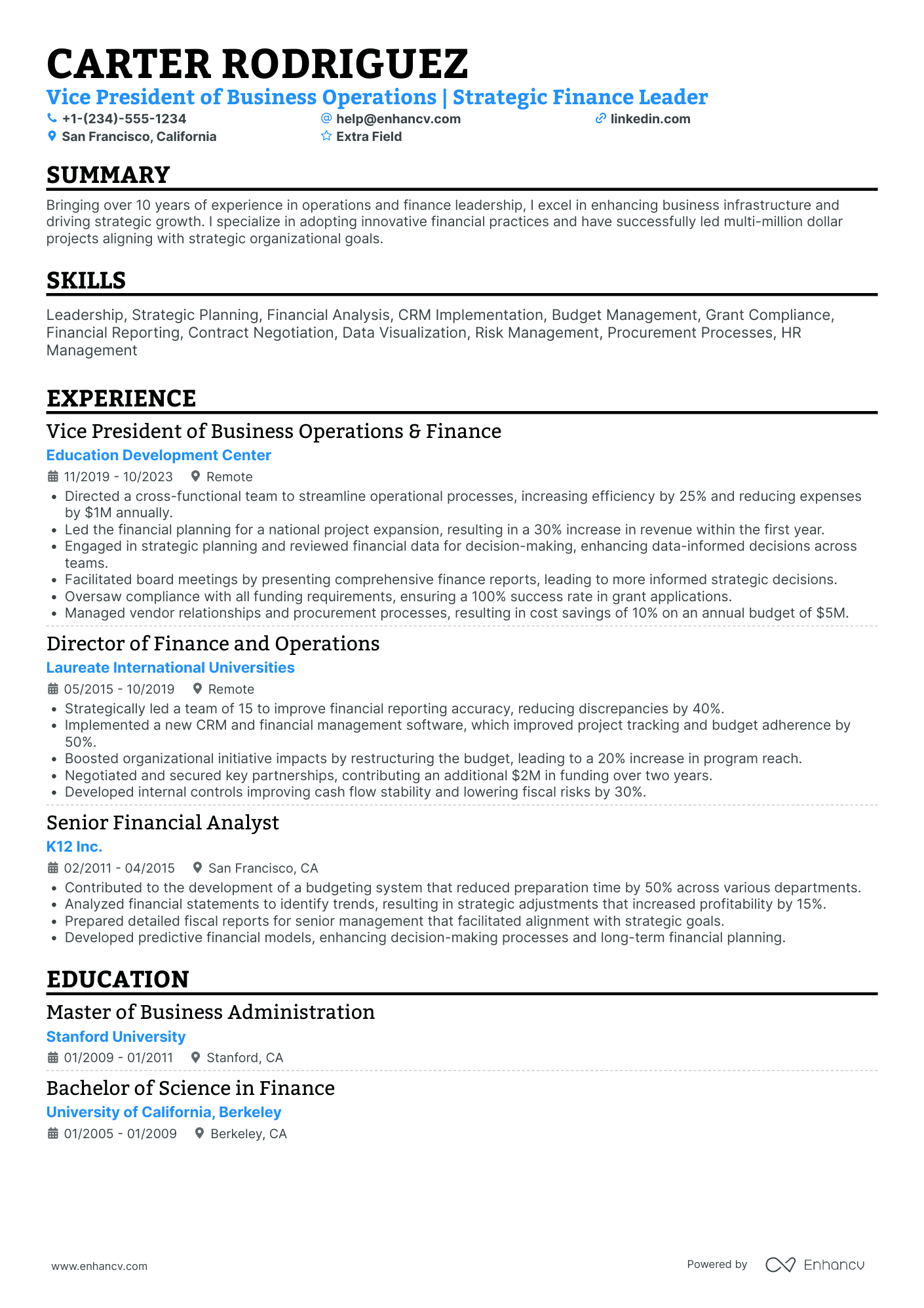 VP of Finance and Business Development Resume Example