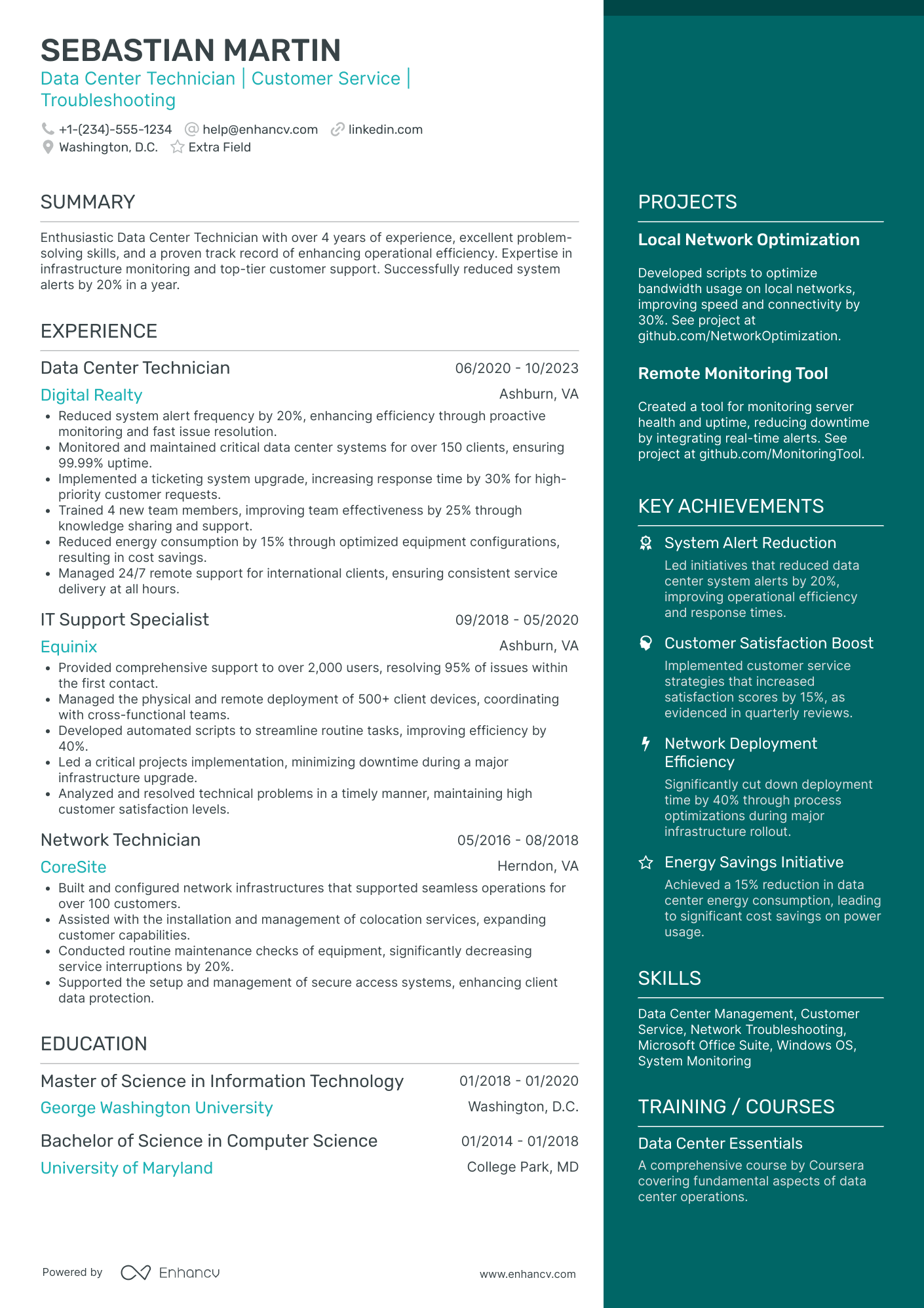 Senior Data Center Technician Resume Example