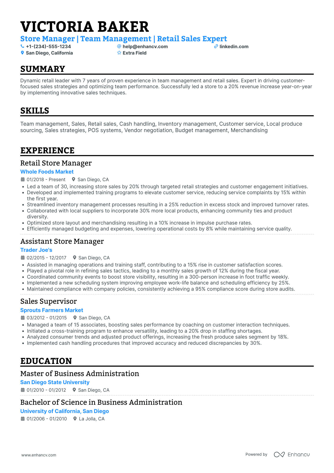 Bakery Store Manager Resume Example