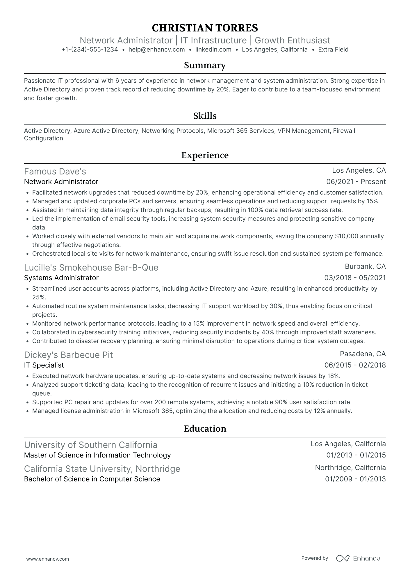 Network Performance Administrator Resume Example