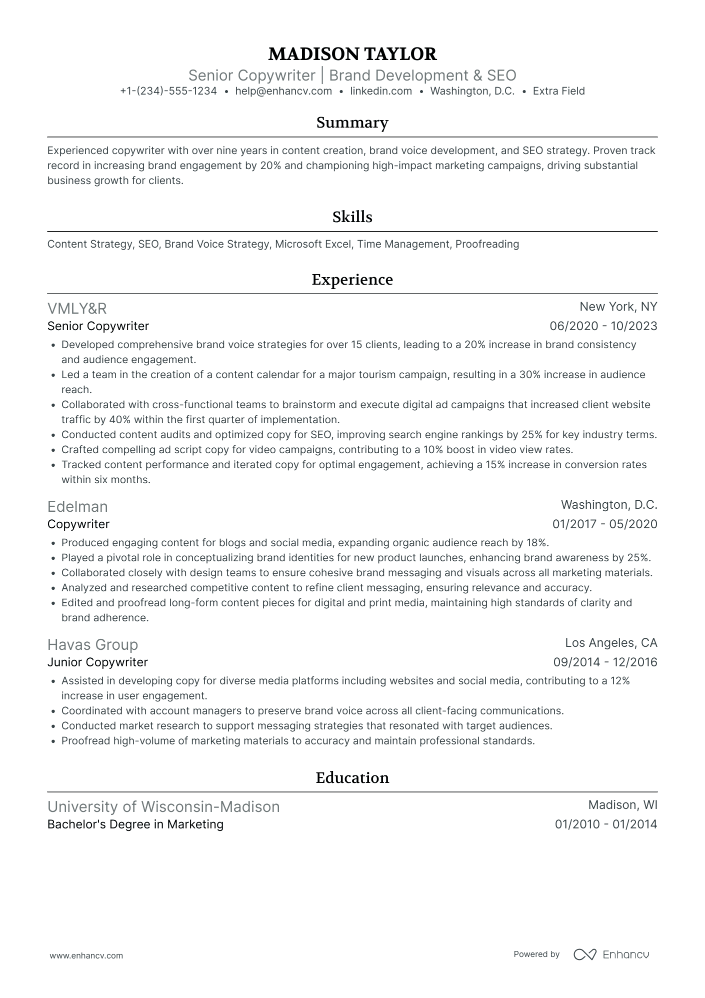 Mid Level Copywriter Resume Example