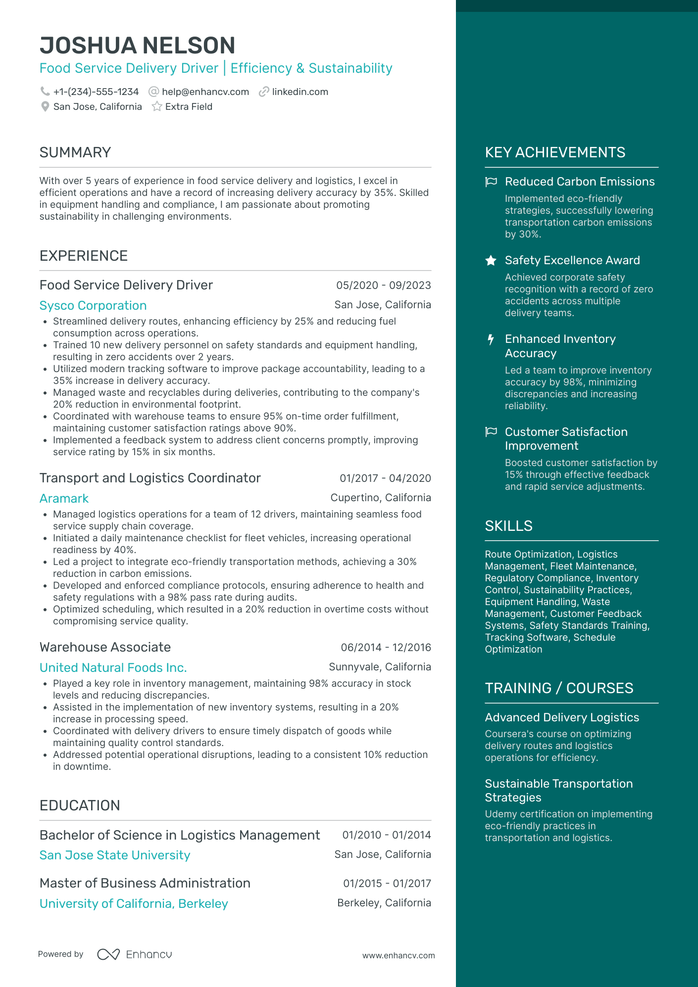 Food Service Delivery Driver Resume Example