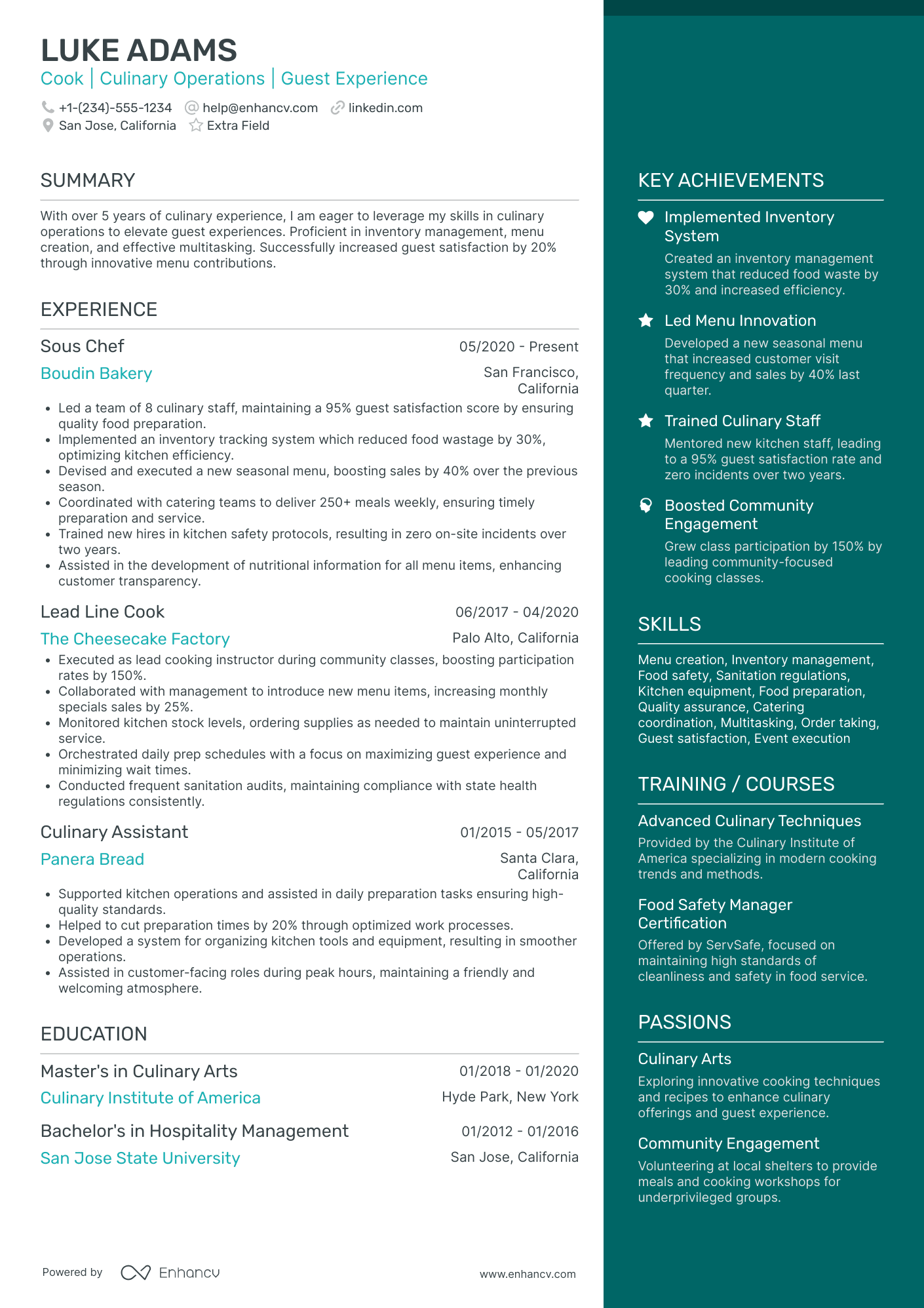 Culinary Technician Resume Example