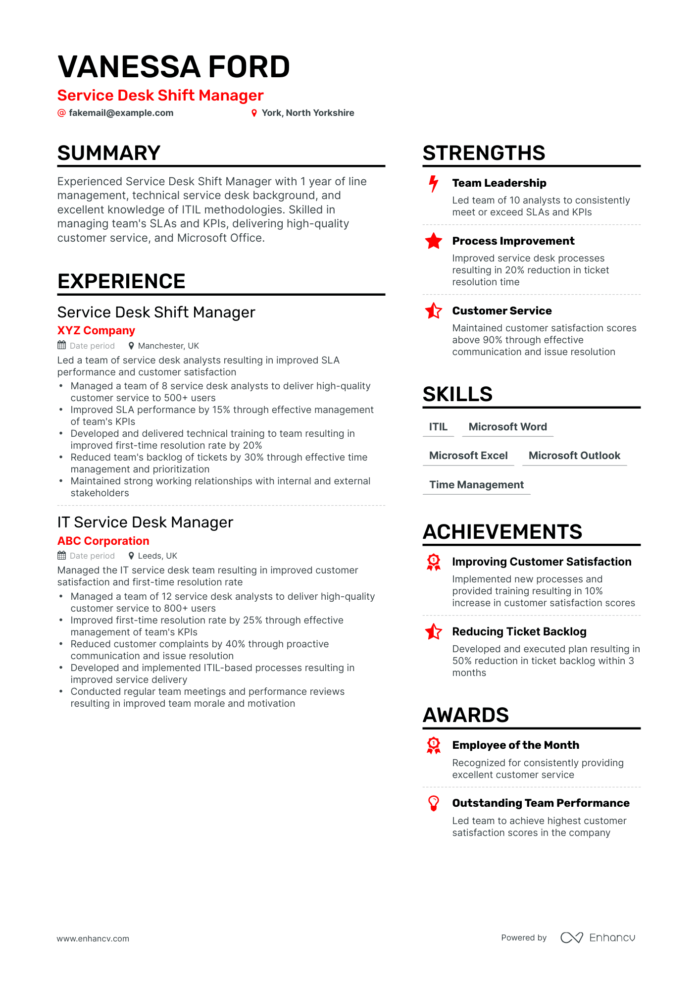 Service Desk Manager Resume Example