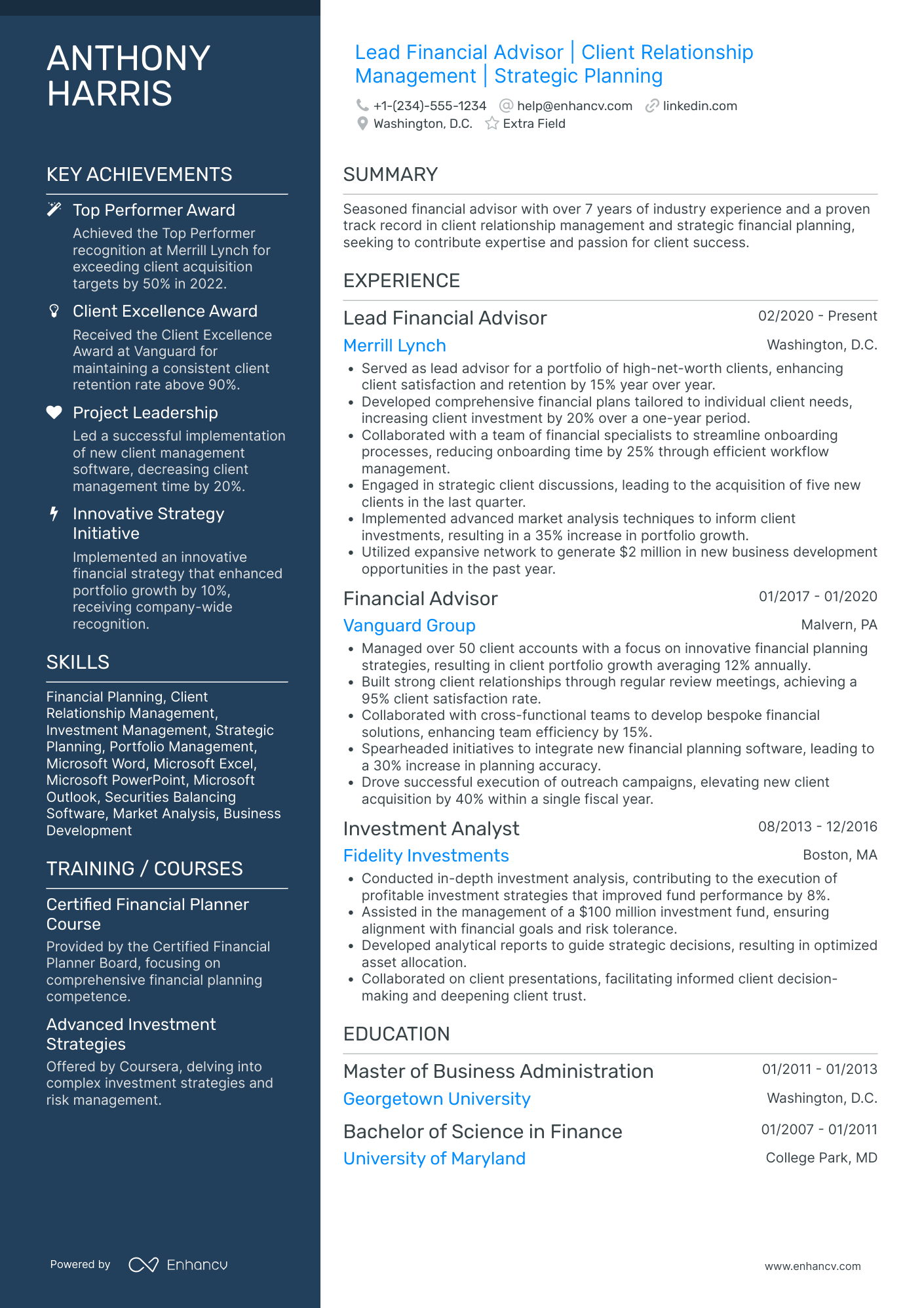 Financial Advisor Manager Resume Example