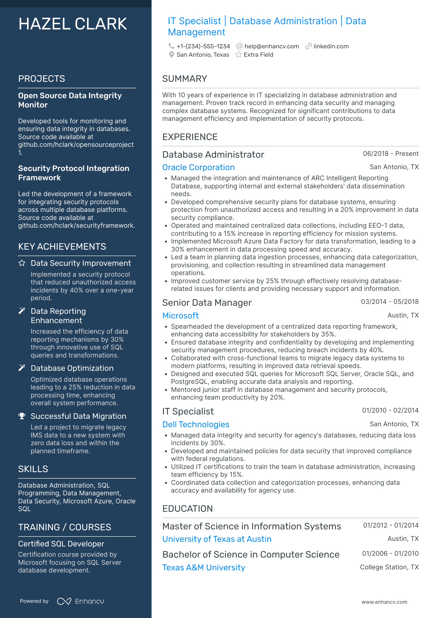 IT Database Specialist Resume Example