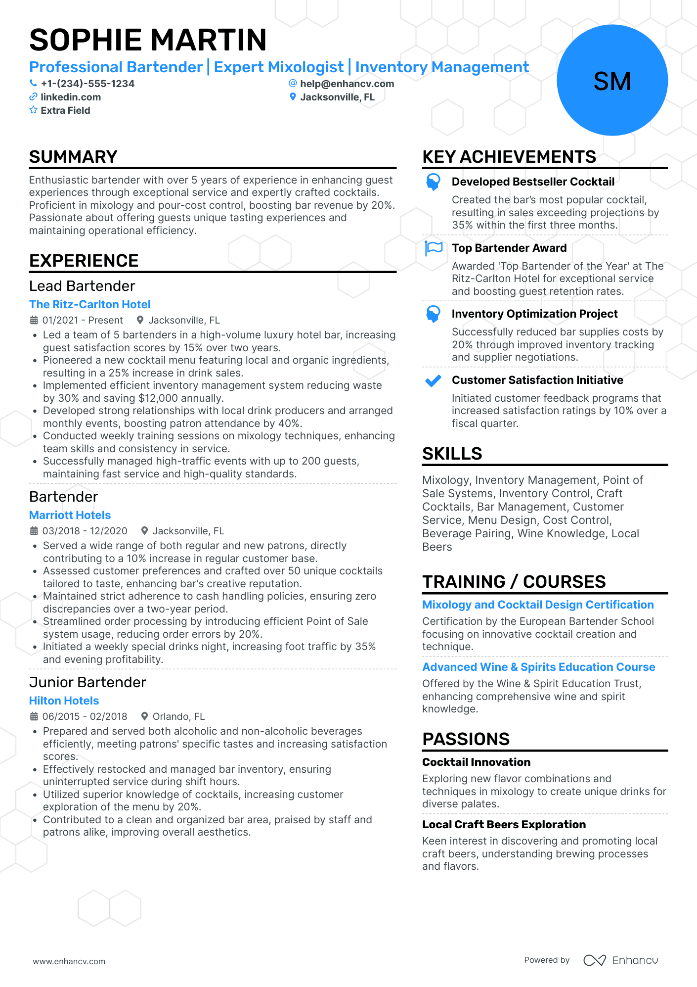 Craft Beer Bartender Resume Example