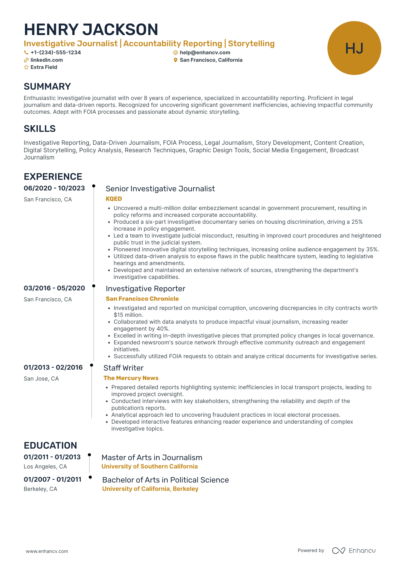 Investigative Journalist Resume Example