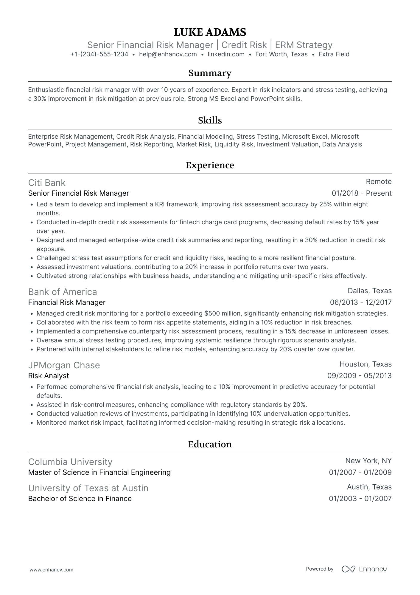 Senior Banking Risk Manager Resume Example