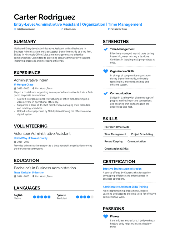 Entry Level Administrative Assistant Resume Example