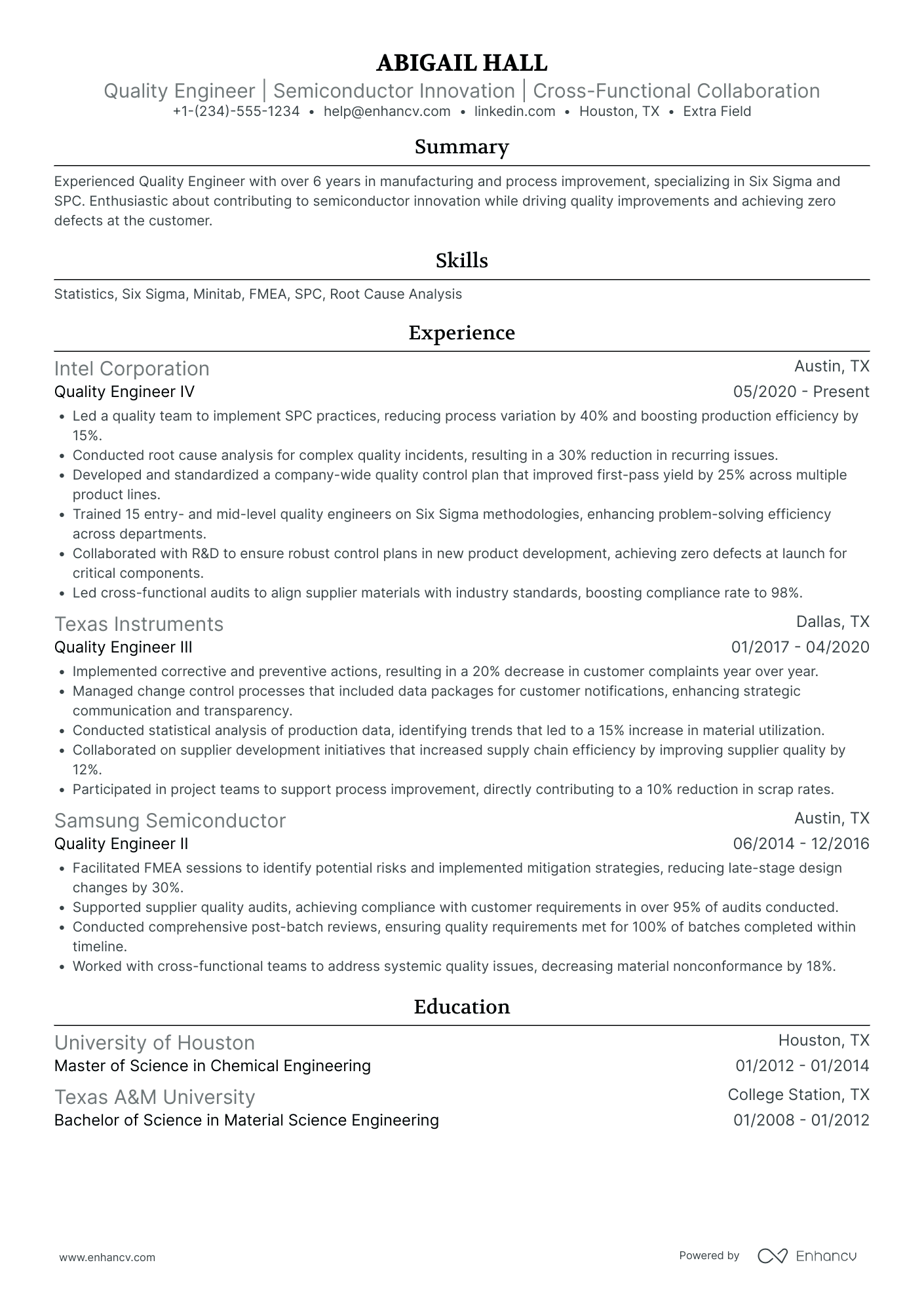 Mid Level Quality Control Engineer Resume Example