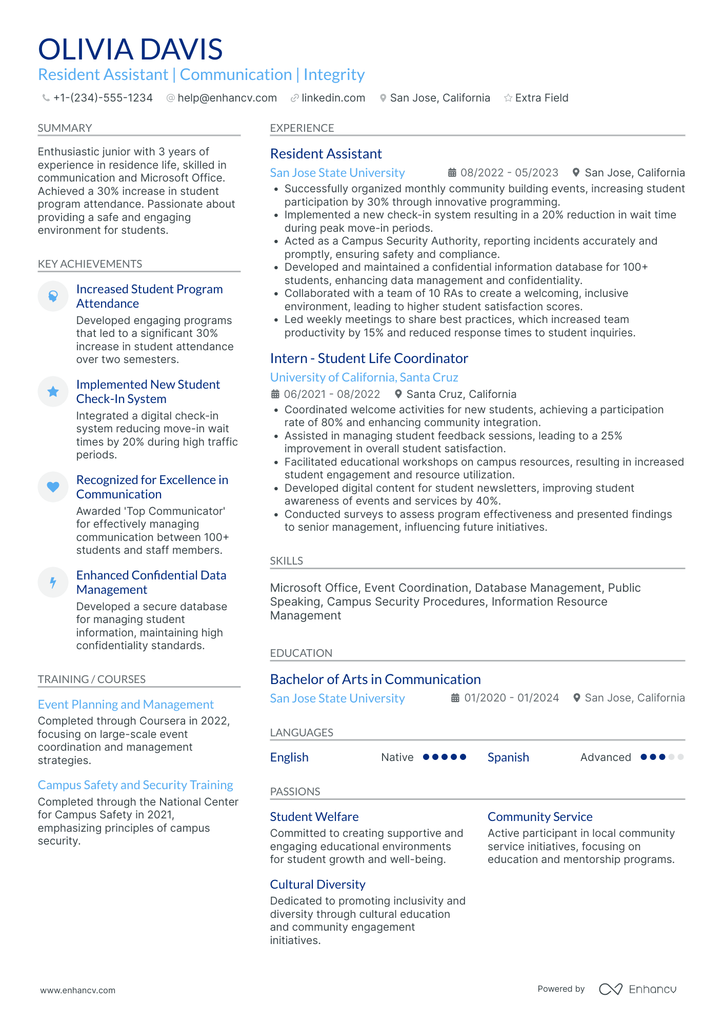 Junior Resident Assistant Resume Example