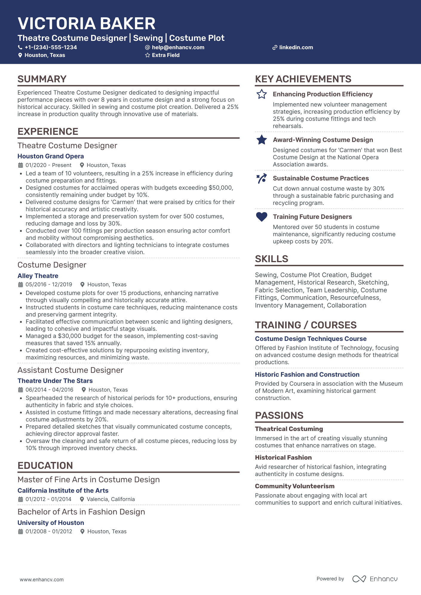 Theater Costume Designer Resume Example