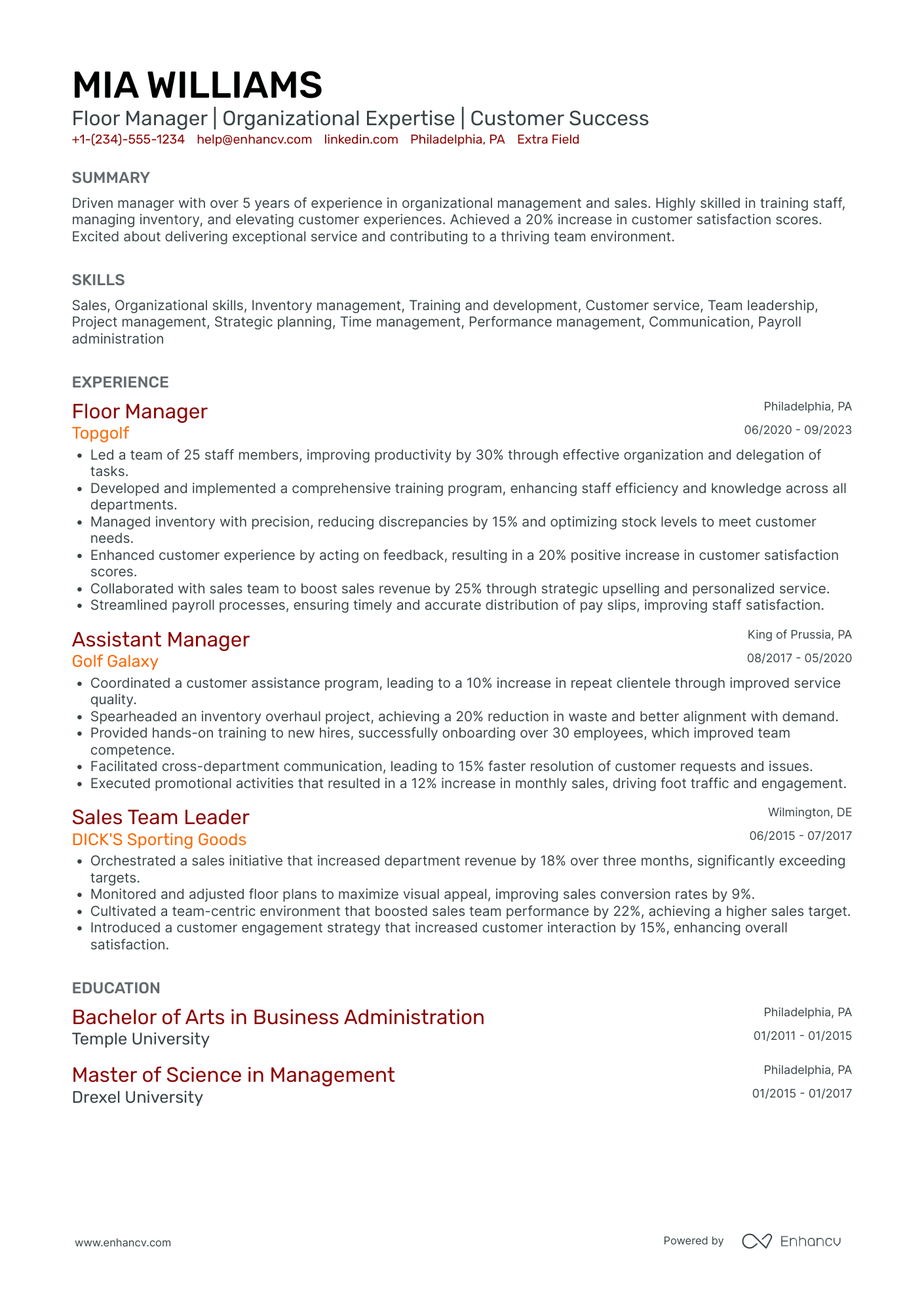 Restaurant Floor Manager Resume Example