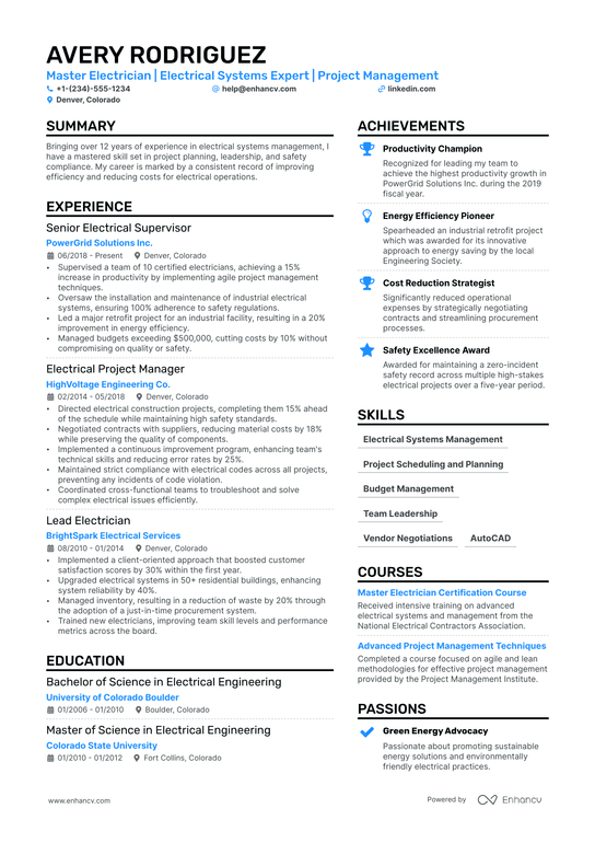 Electrical Manager Resume Example