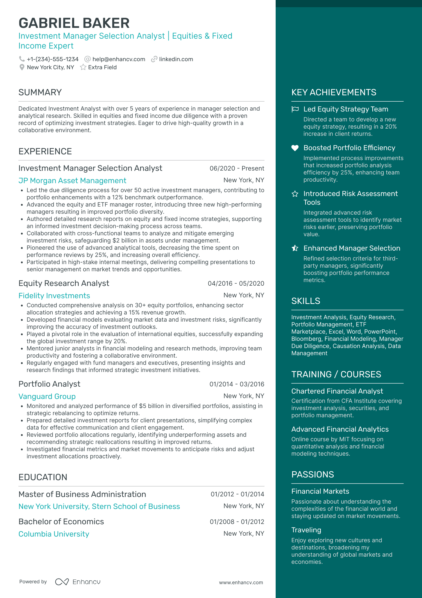 Investment Analytics Manager Resume Example