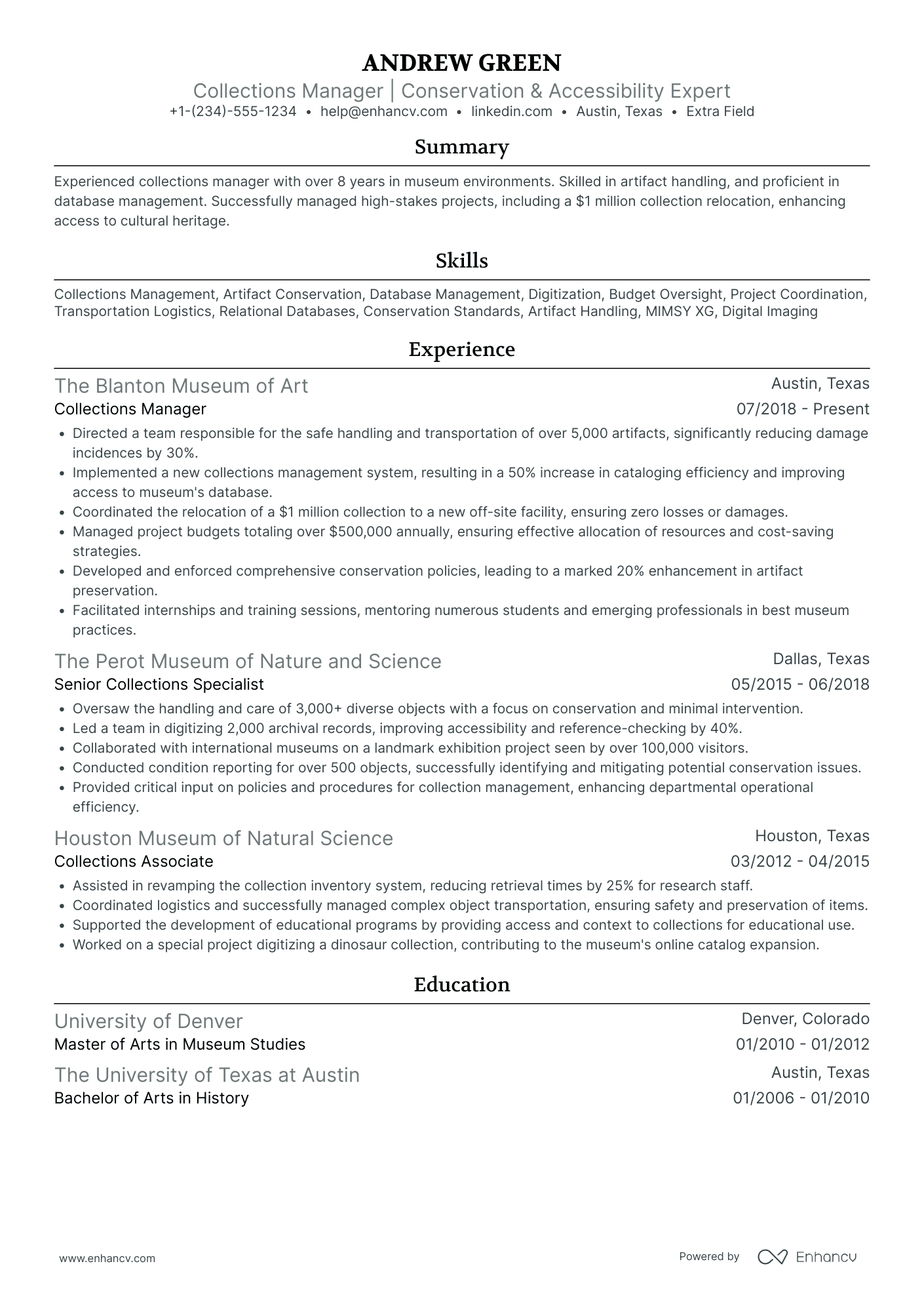 Collections Manager Resume Example