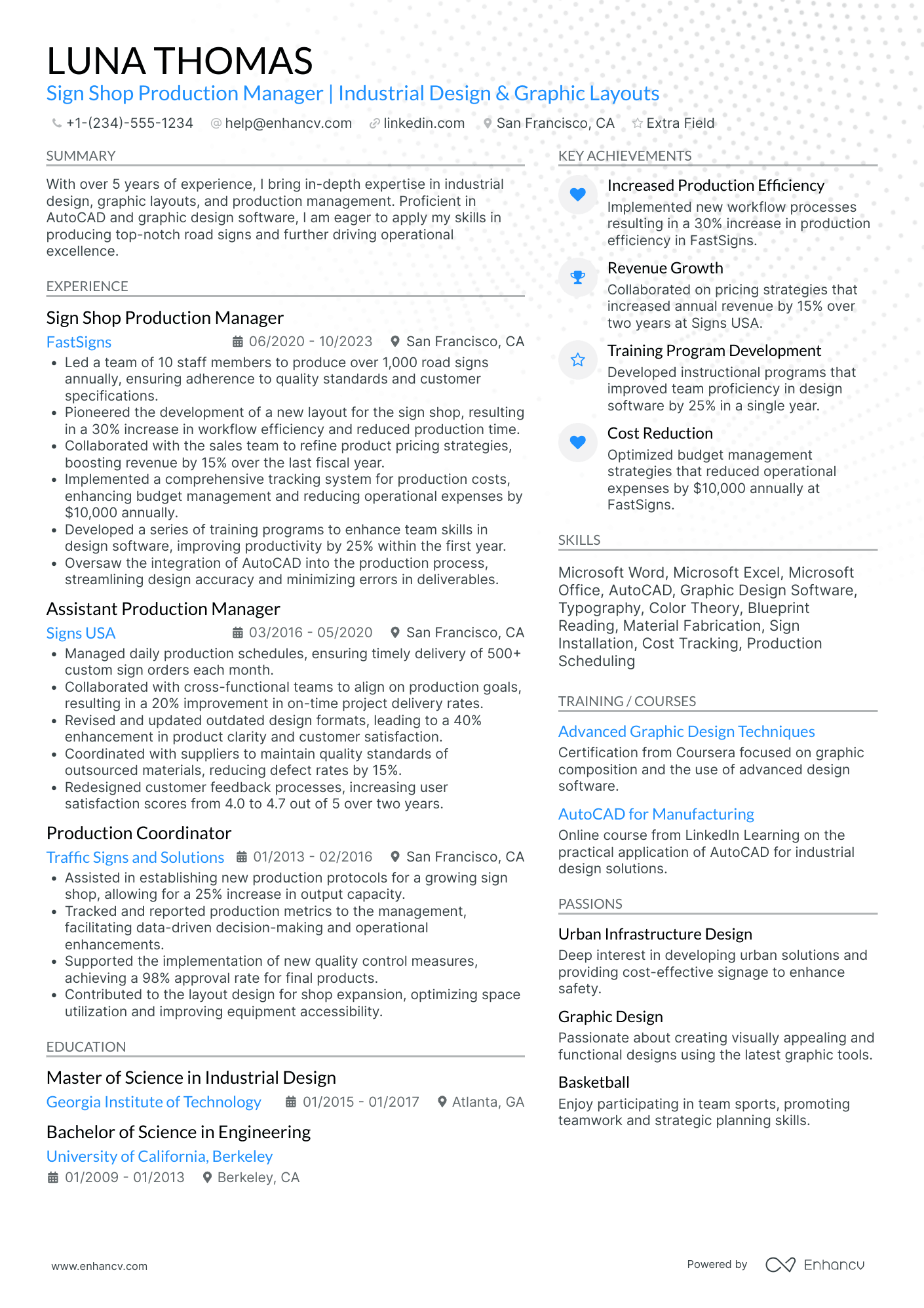 Industrial Design Production Manager Resume Example