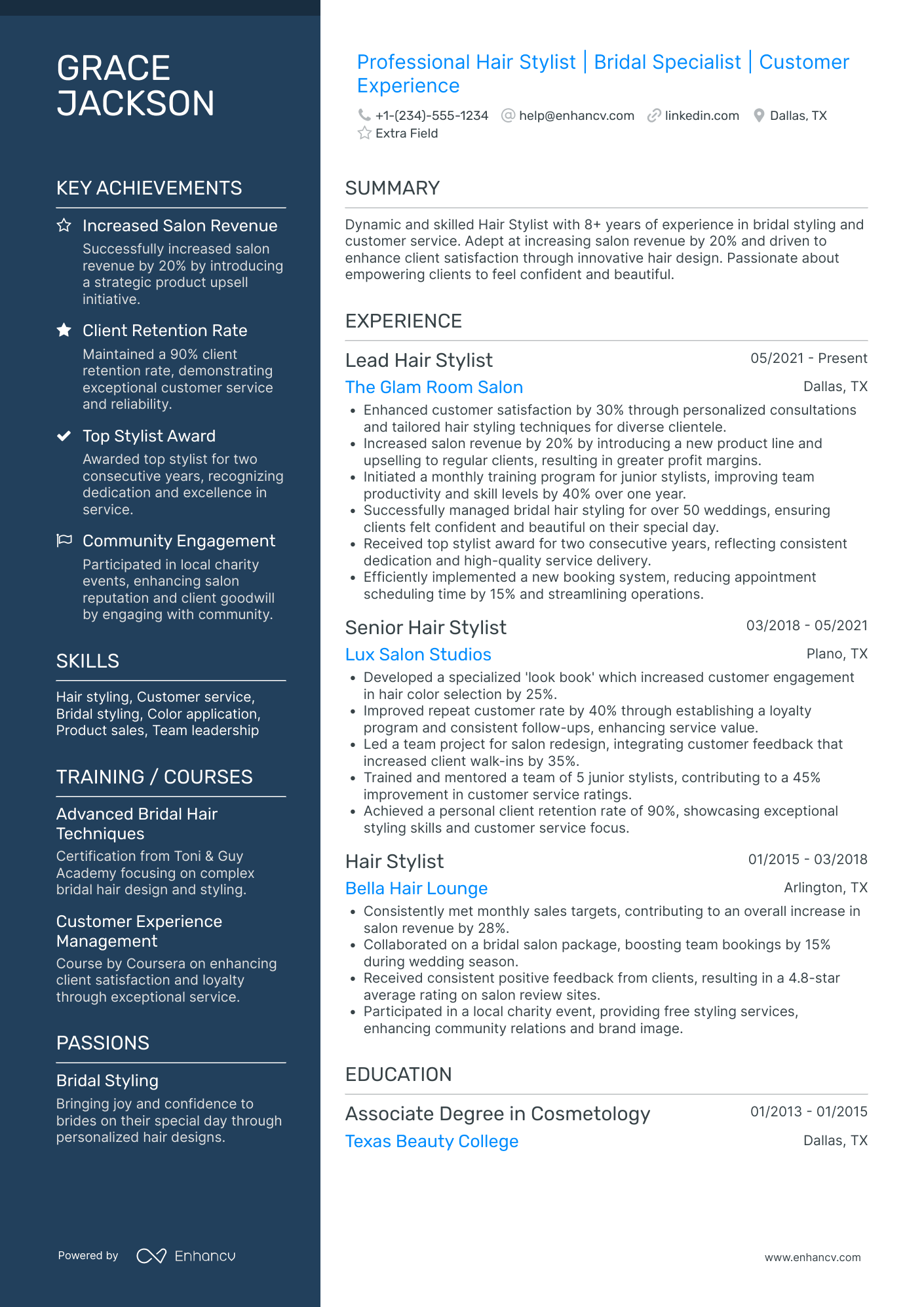 Film and TV Hair Stylist Resume Example