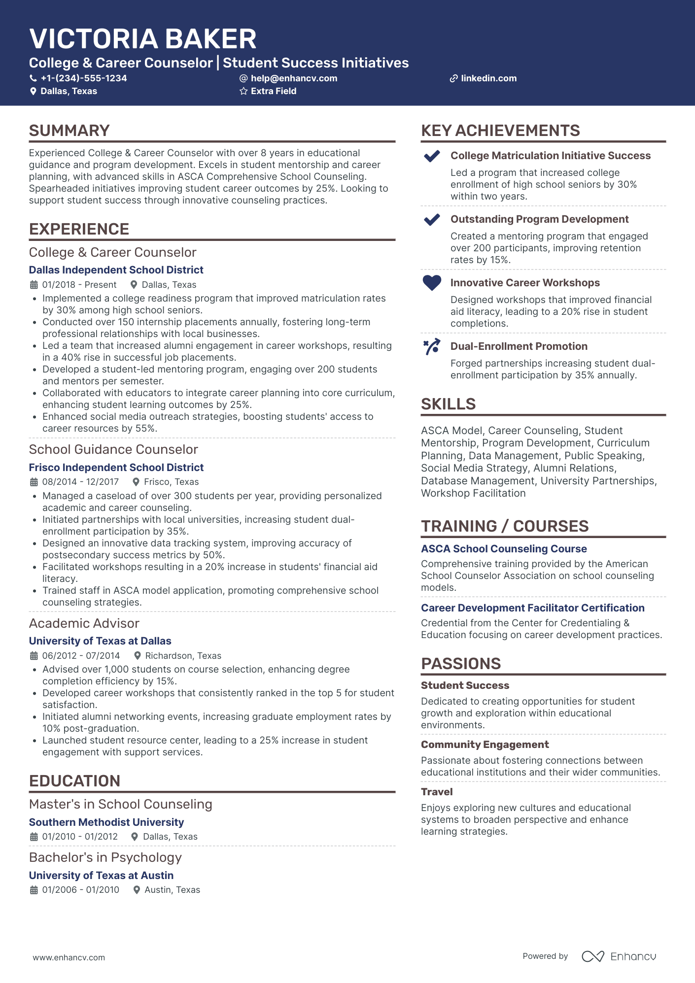 College Career Counselor Resume Example