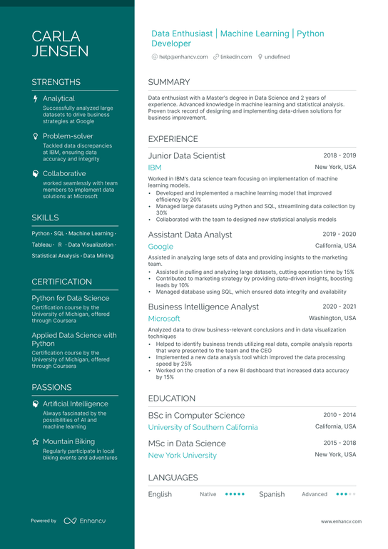 Entry Level Data Scientist Resume Example