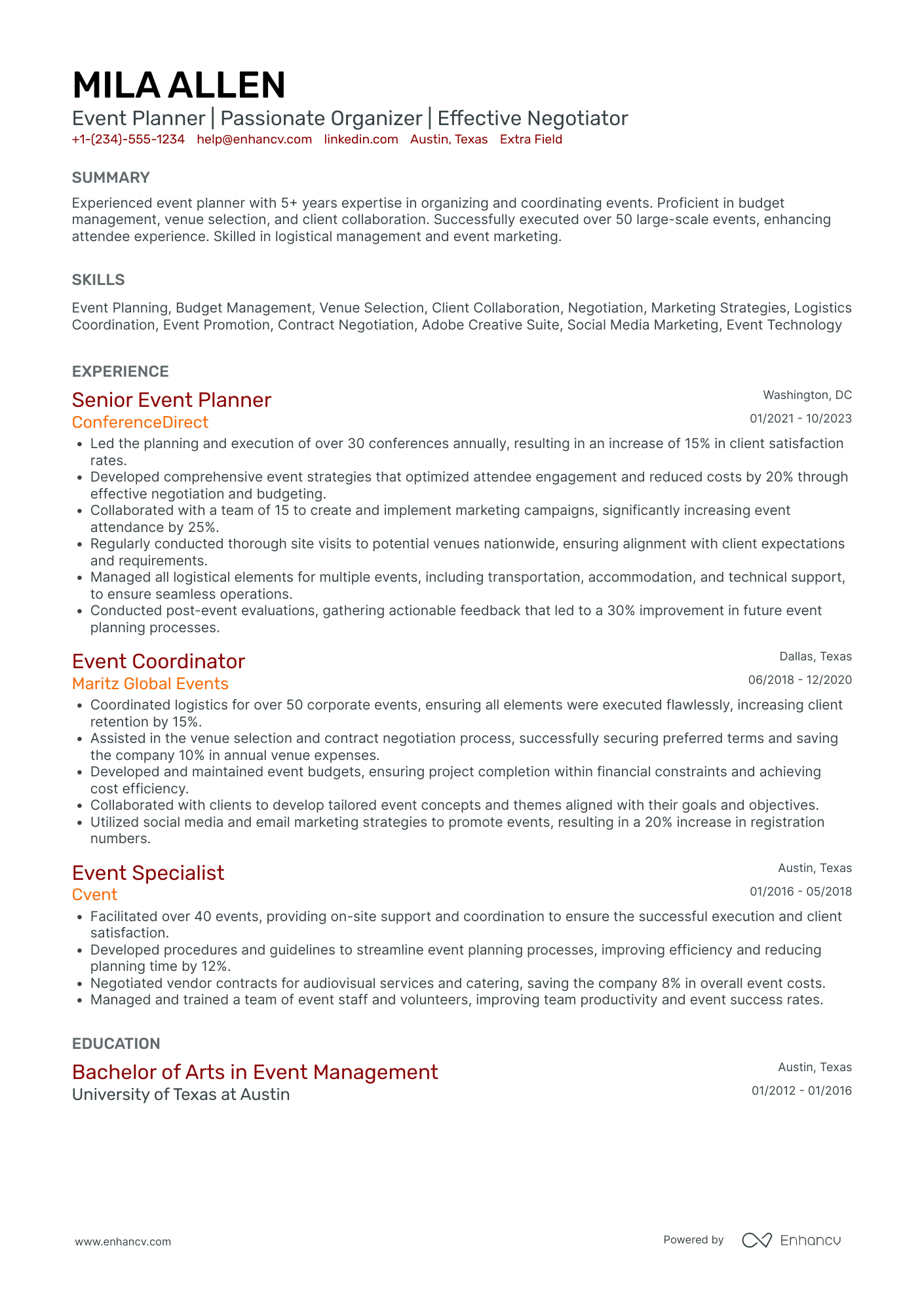 Volunteer Event Planner Resume Example