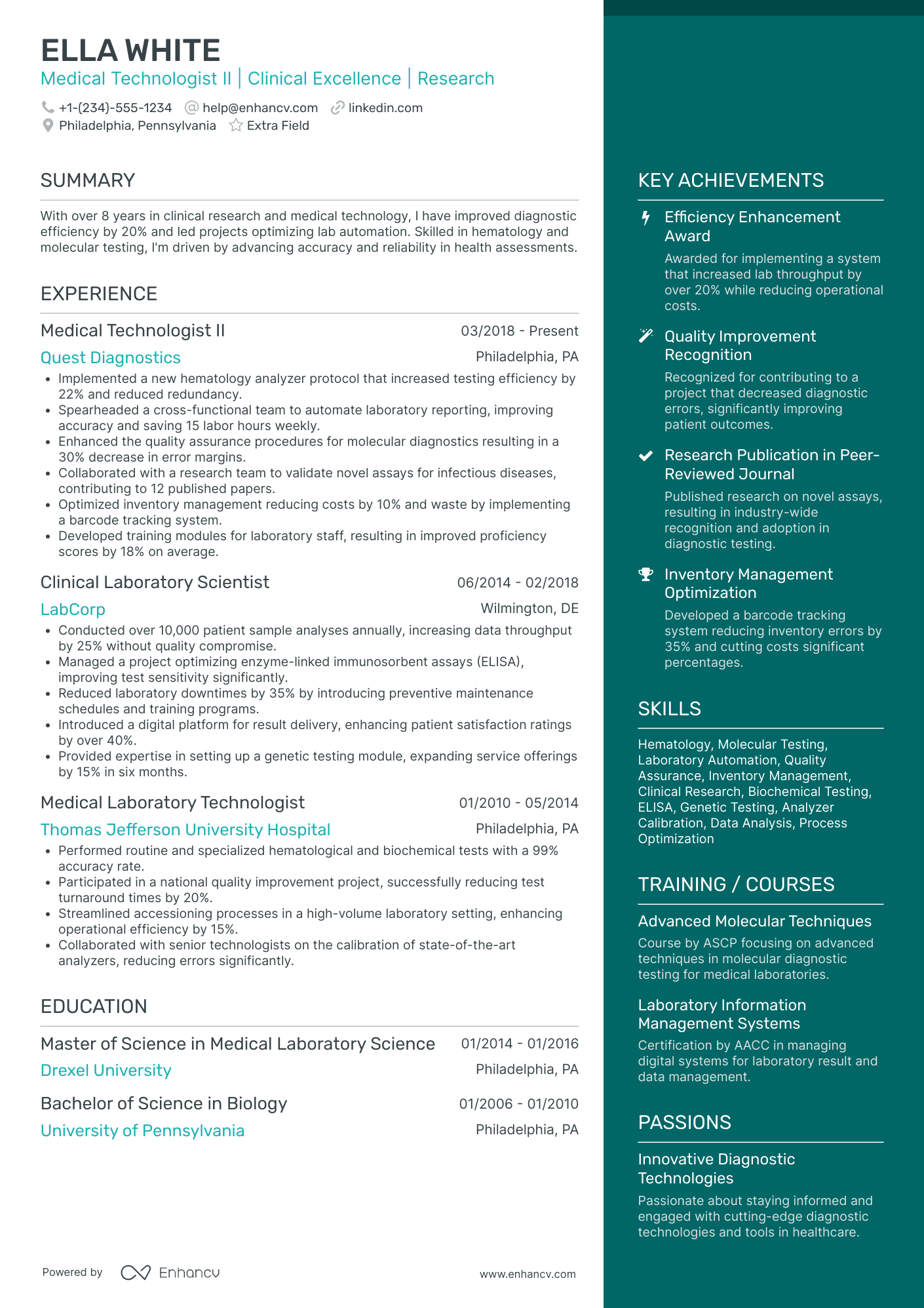 Medical Technologist II Resume Example