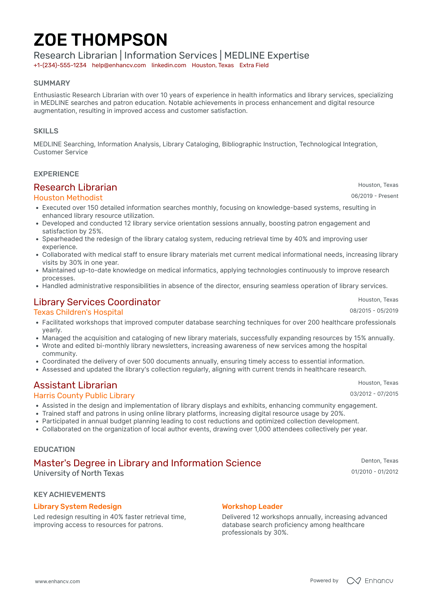 Research Librarian Resume Example