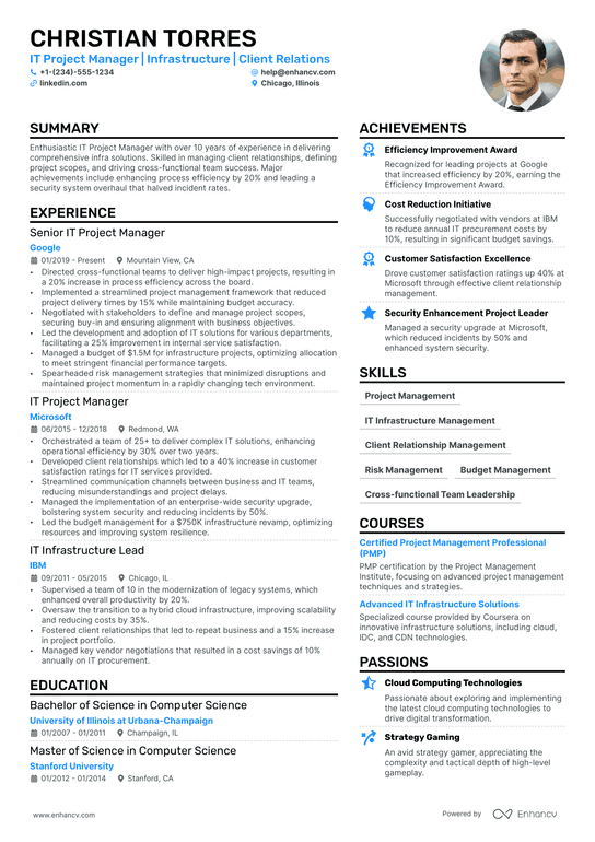 Infrastructure Project Manager Resume Example