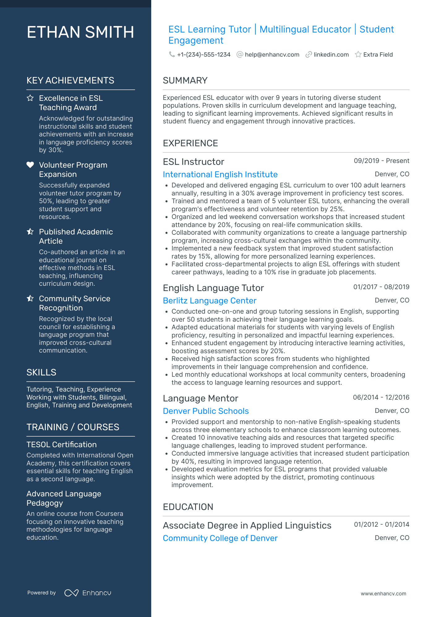 After School Language Tutor Resume Example