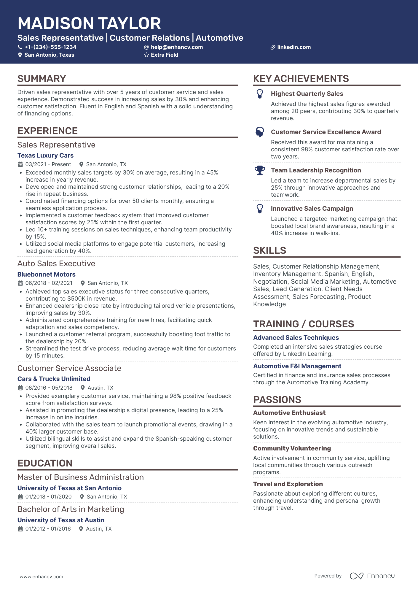 Car Salesman Representative Resume Example