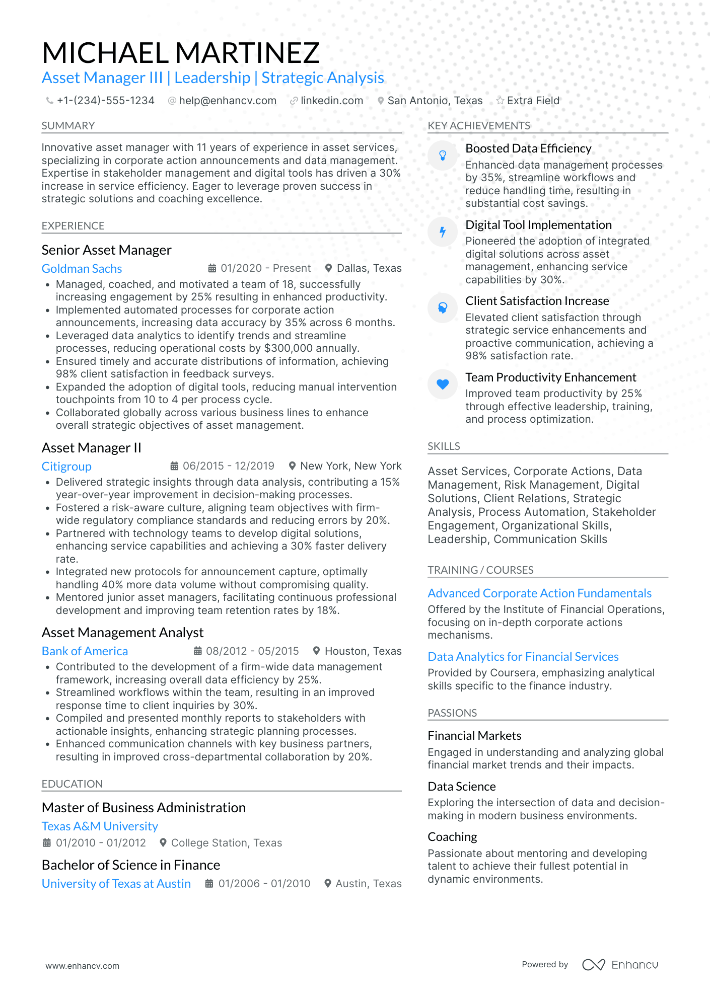 Bank Asset Manager Resume Example