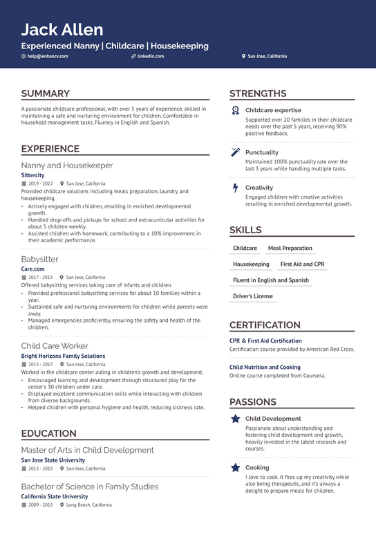 Childcare Nanny Resume Example